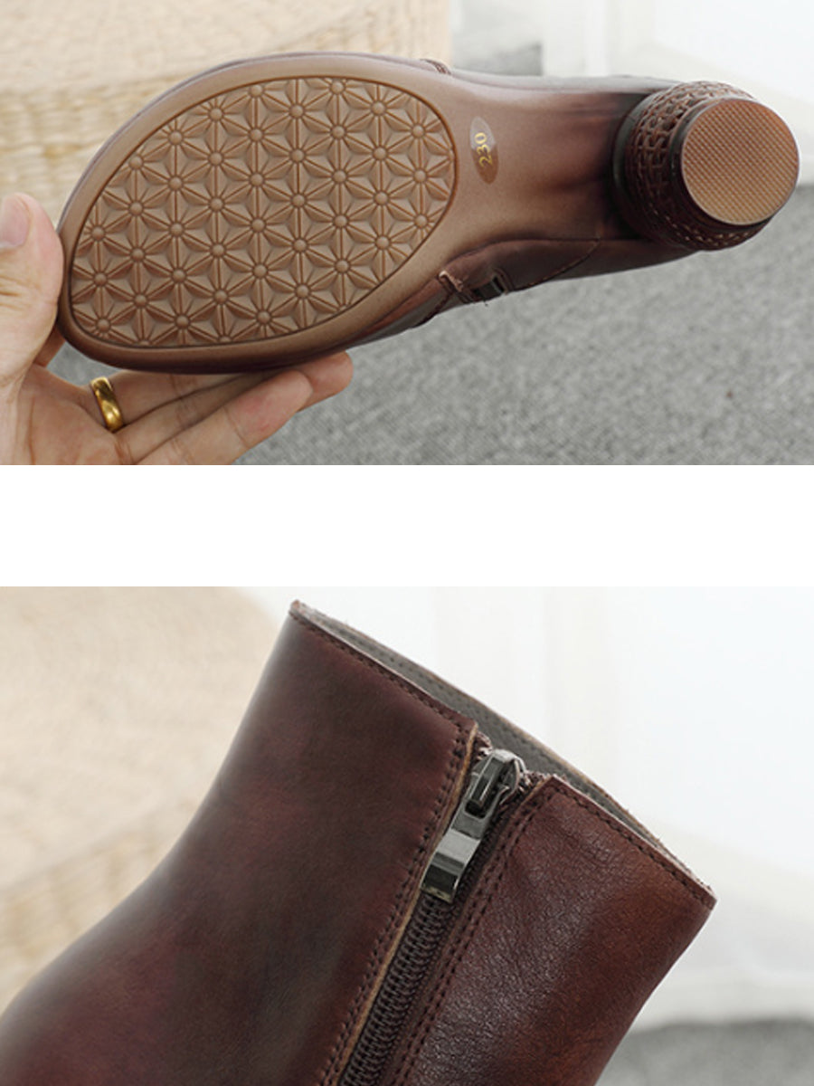 Women Vintage Flower Genuine Leather Mid Heel Ankle Boots
