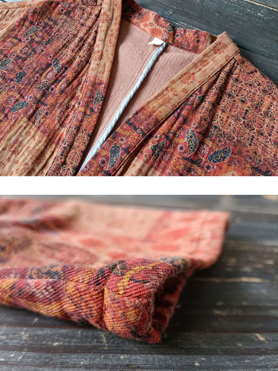 Plus Size Women Autumn Ethnic Pocket Loose Print Loose Coat