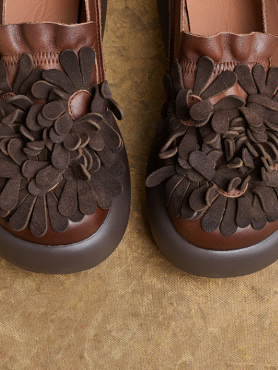 Women Vintage Flower Spliced Genuine Leather Platfrom Shoes