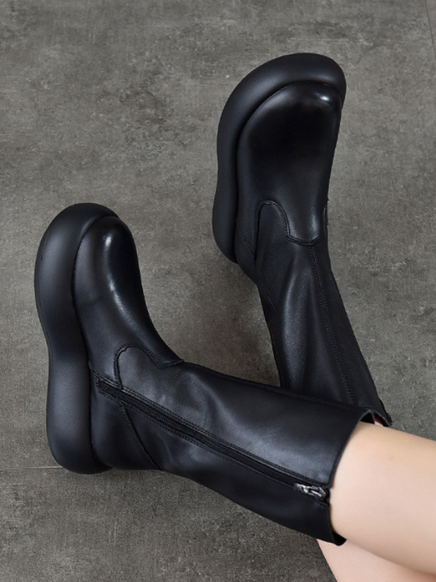 Women Vintage Winter Genuine Leather High Heel Platform Boots