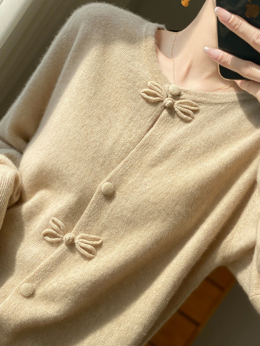 Women Autumn Artsy Knitted Wool O-Neck Cardigan Sweater
