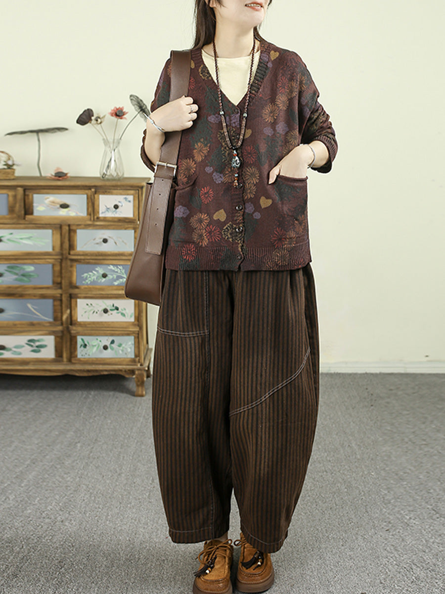 Women Autumn Artsy Flower Knitted V-Neck Sweater