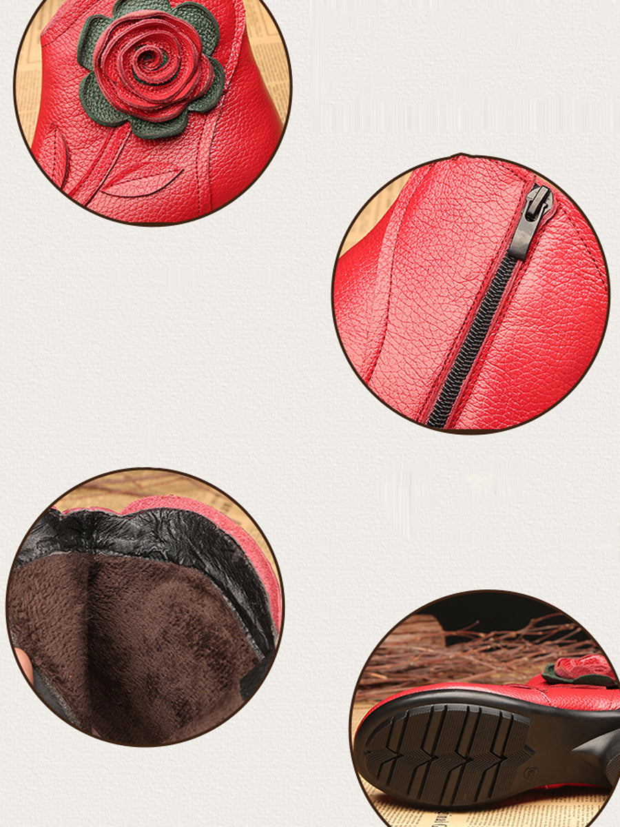 Women Autumn Artsy Flower Leather Spliced Mid Heel Boots