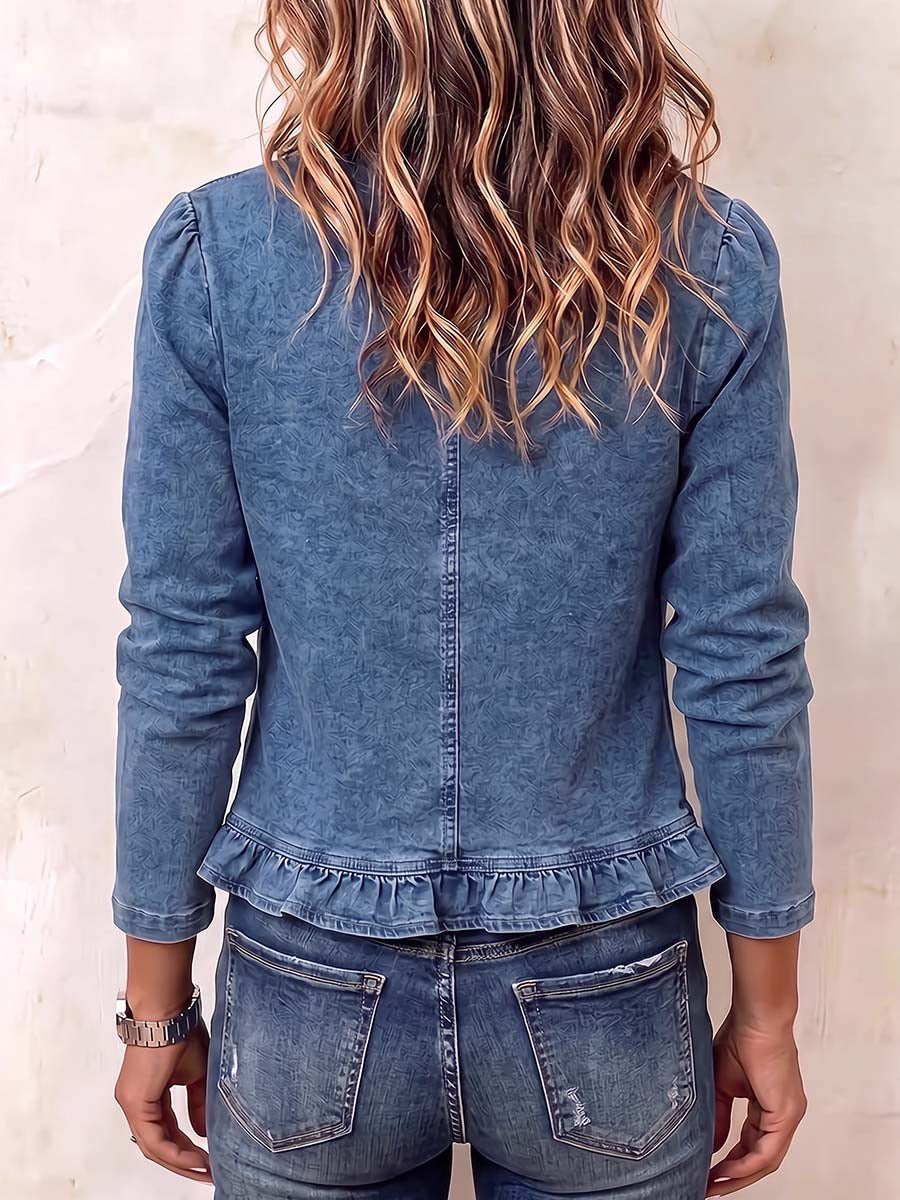 Solid Color Ruffled Long Sleeves Collarless Outerwear