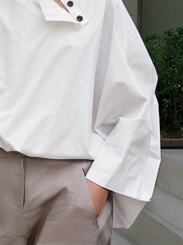 Long Sleeves Loose Buttoned Solid Color Stand Collar Blouses&Shirts Tops