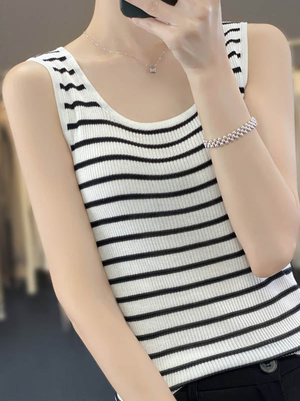 Loose Sleeveless Contrast Color Striped U-Neck Vest Top