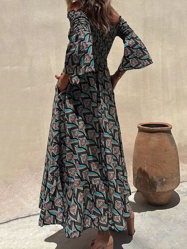 A-Line Flared Sleeves Elasticity Printed Off-The-Shoulder Midi Dresses