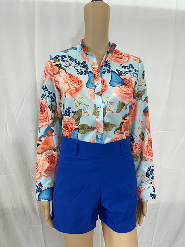 Long Sleeves Buttoned Flower Print Deep V-Neck Shirts Top +Belted Shorts Bottom Two Pieces Set