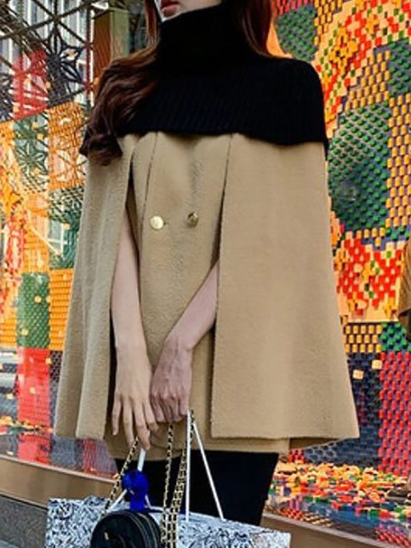 Loose Buttoned Contrast Color Split-Joint High Neck Woolen Coat