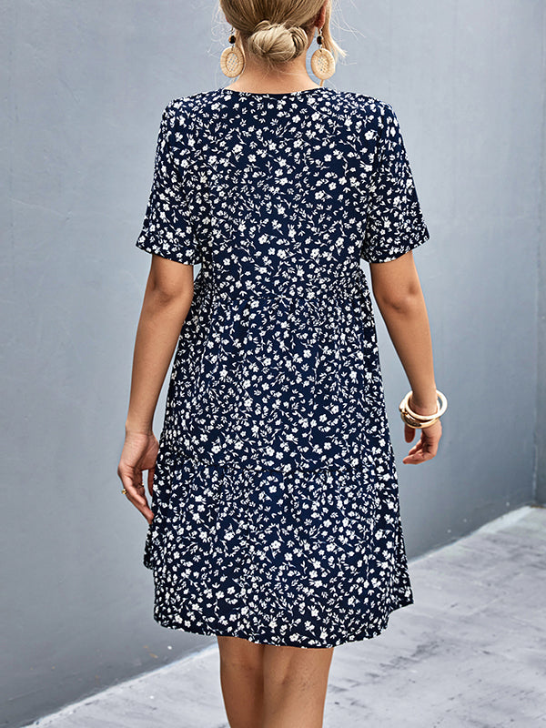 Short Sleeves Flower Print Split-Joint V-Neck Mini Dresses