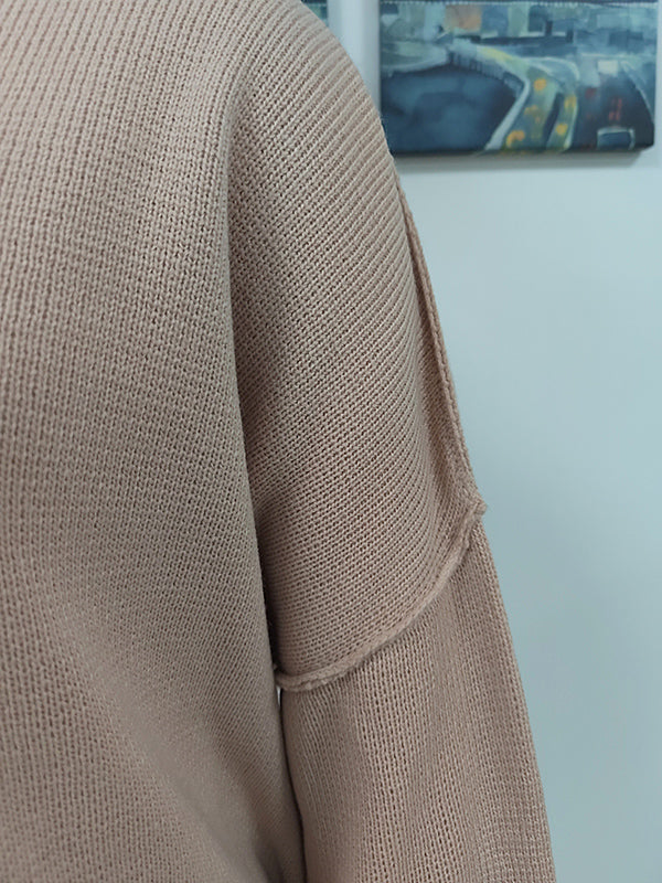 Casual Long Sleeves Loose Split-Side Solid Color Round-Neck Sweater Tops