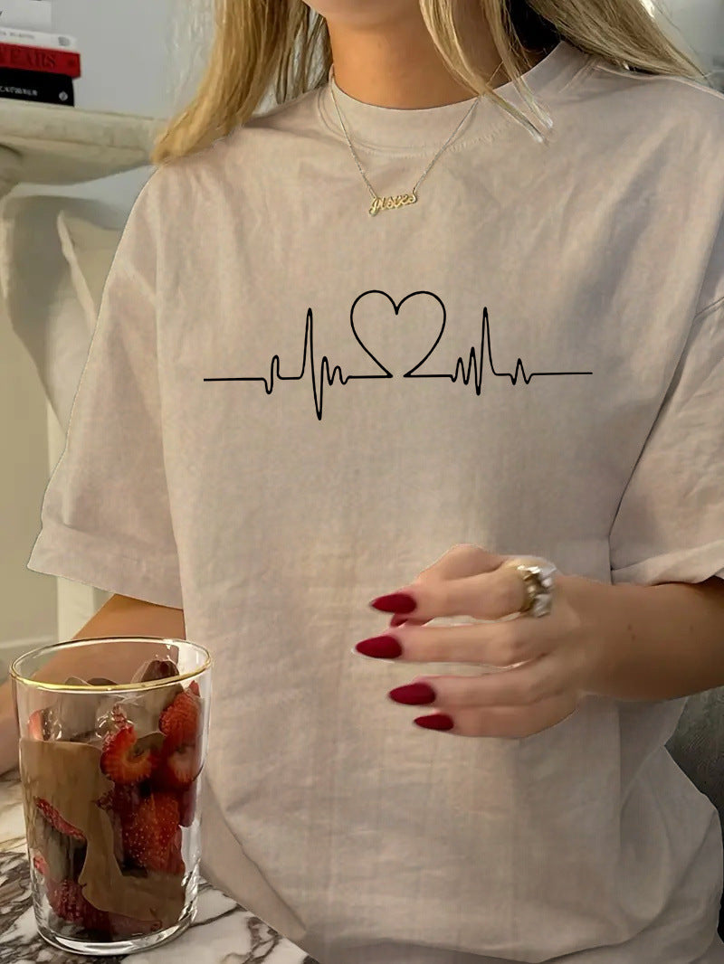 Heart Shape Simple Style Cotton Short Sleeve T-shirt Featuring Printing