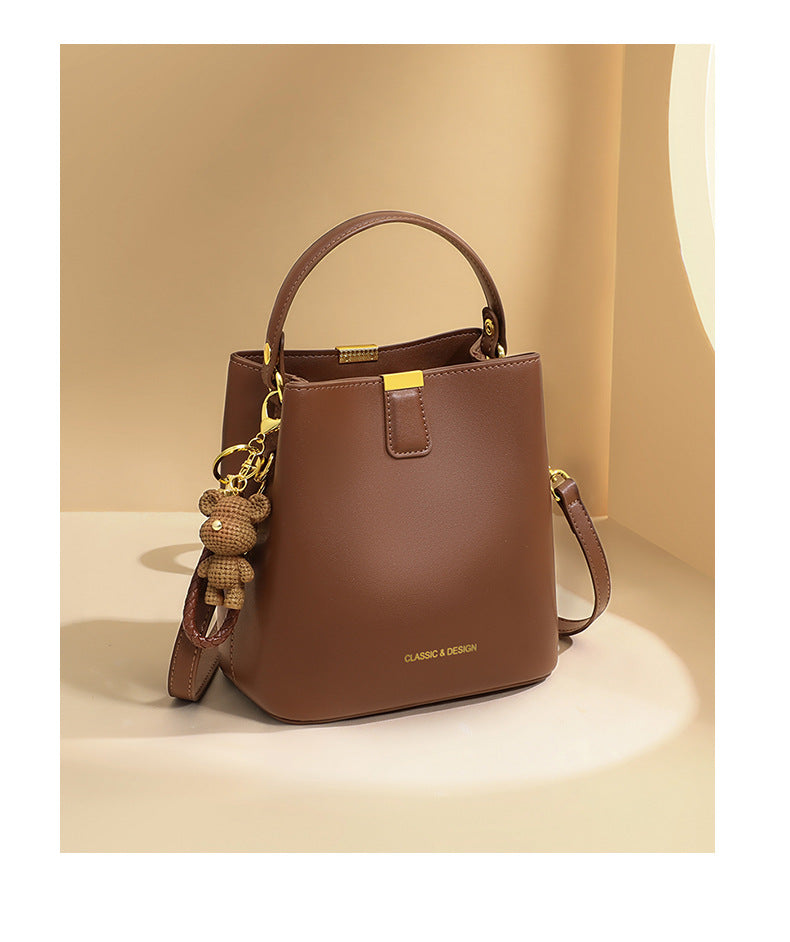 Genuine Leather Bucket Handbag With Sewing Thread Detail, Perfect For Autumn And Winter