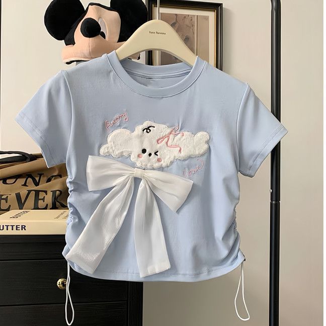 Cartoon Children's T-shirt In Blue, Polyester Fabric With Round Neck And Short Sleeves For Summer
