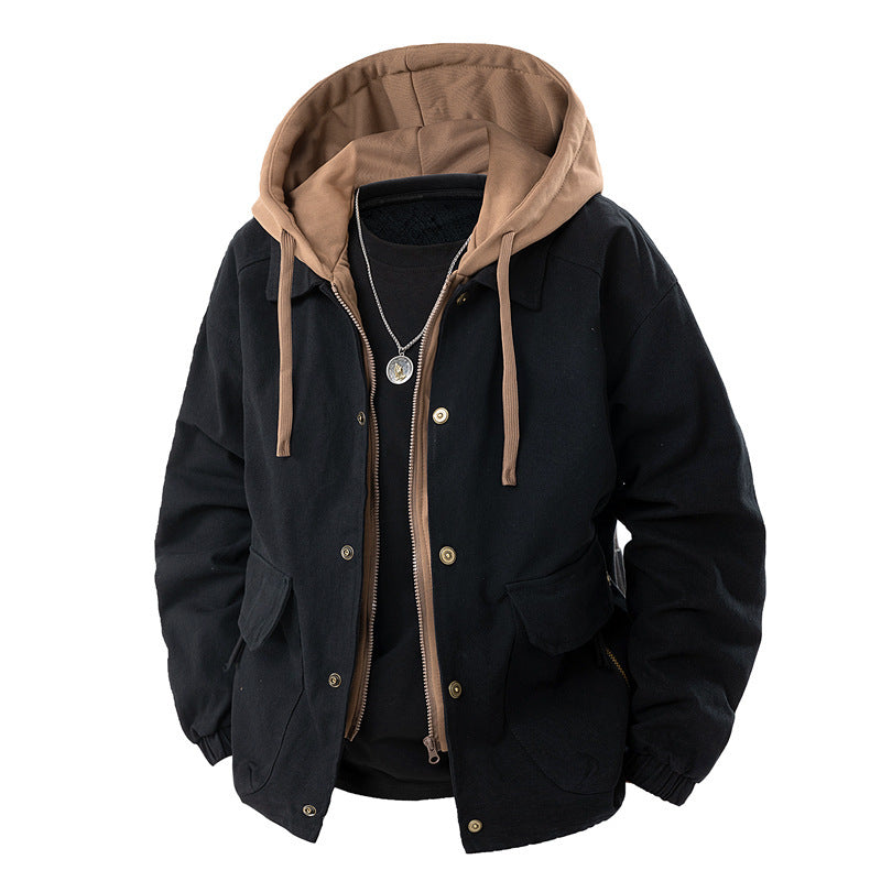 Men's Army Green Hooded Shacket Jacket With Zipper Placket In Cotton Blends, Long Sleeve Outerwear