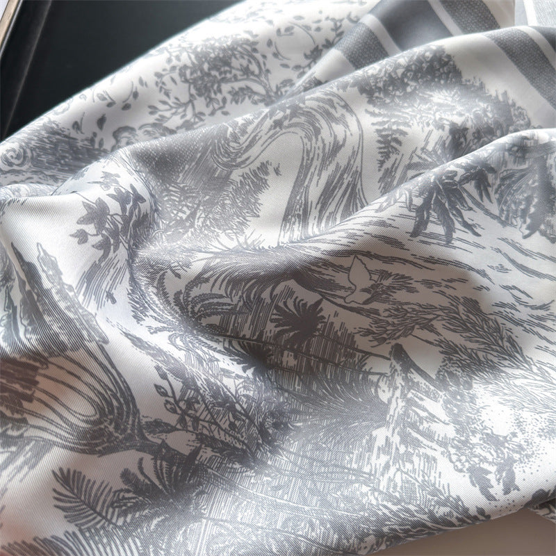 Silk Scarf In Wine Red Featuring Printing And Lines, Made Of Polyester, Perfect For Autumn