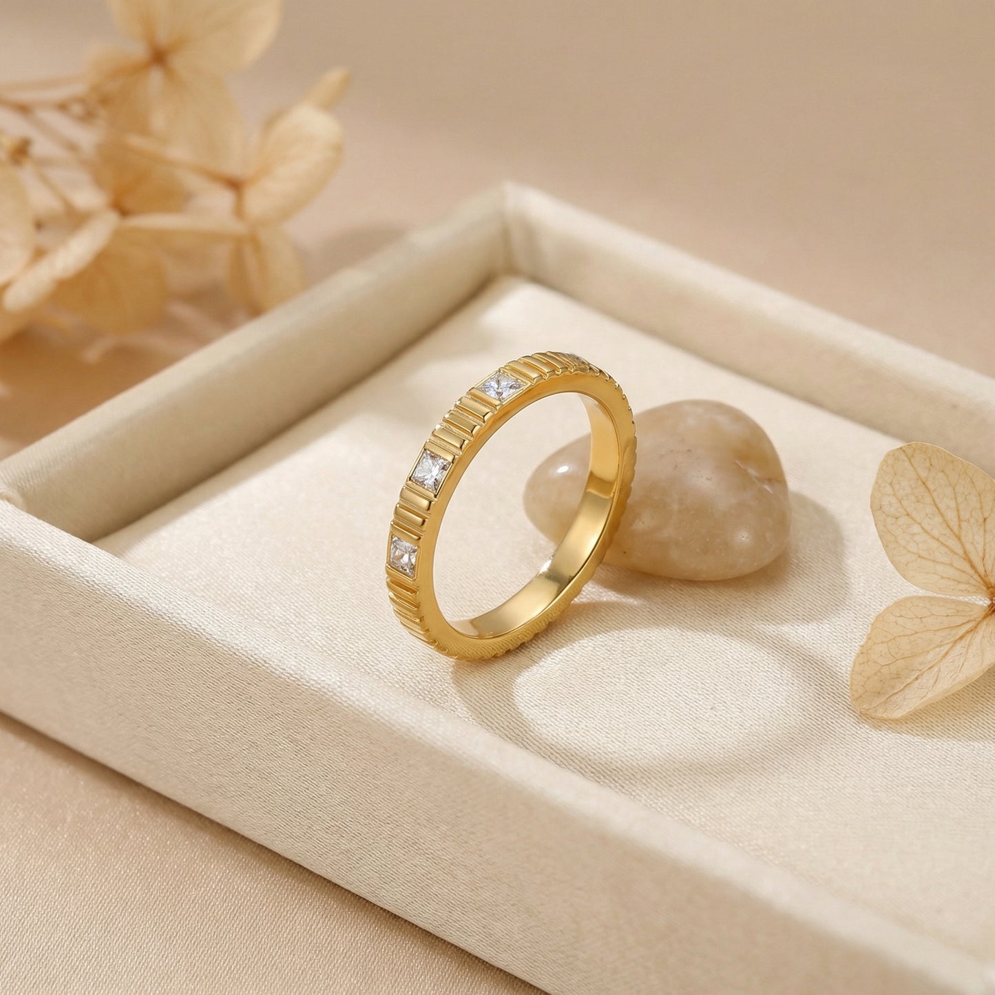 Geometric Rings For Women Made Of 304 Stainless Steel Featuring Electroplated 18K Real Gold Plated With Rhinestones Inlay