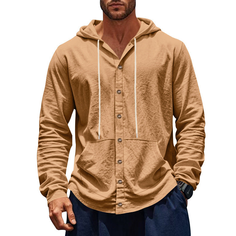 Solid Color Linen Long Sleeve Blouse For Men With Hooded Pullover Design