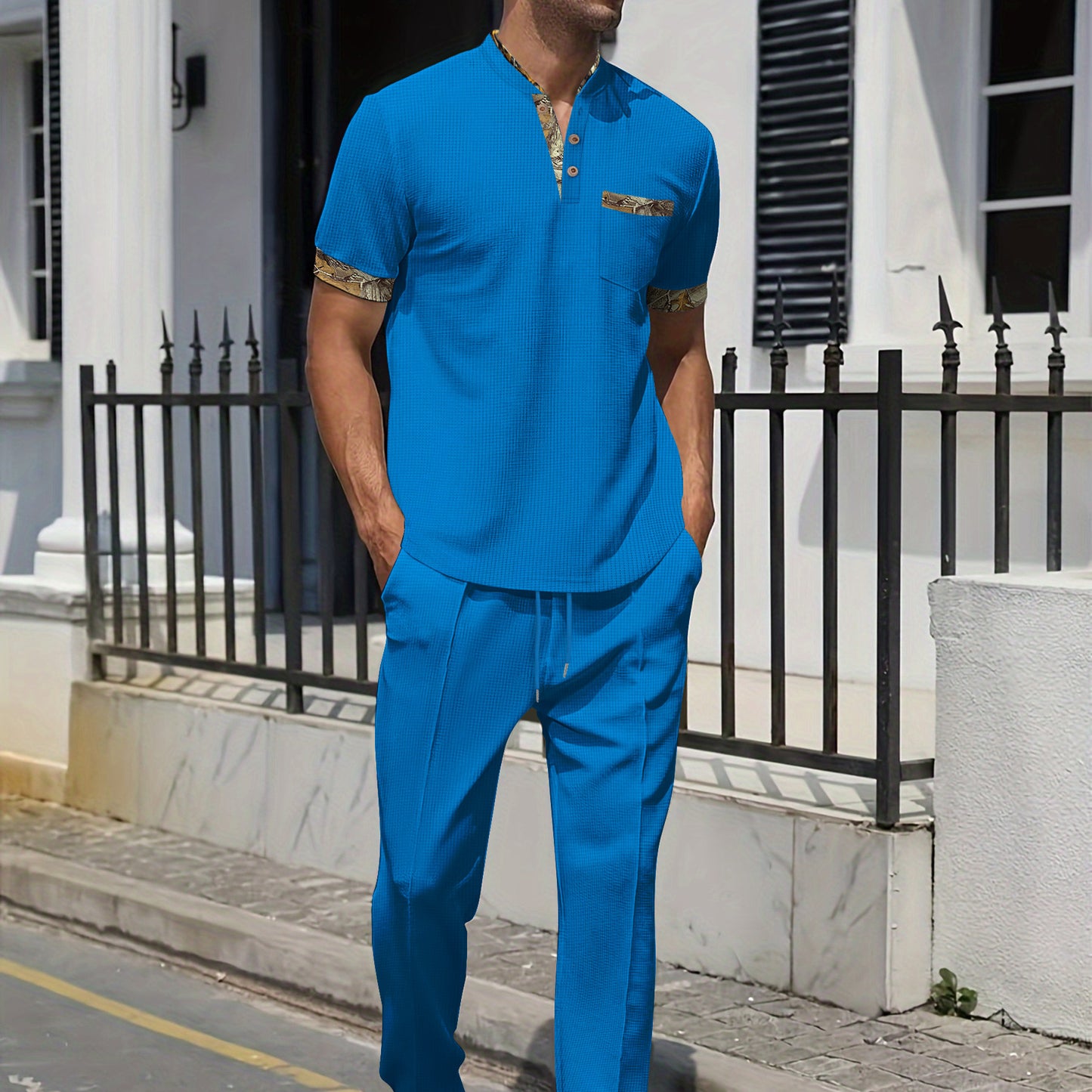 Men's Khaki Pocket Pant Co-ord Set In Polyester With V Neck And Short Sleeve, Full Length Casual Sportswear