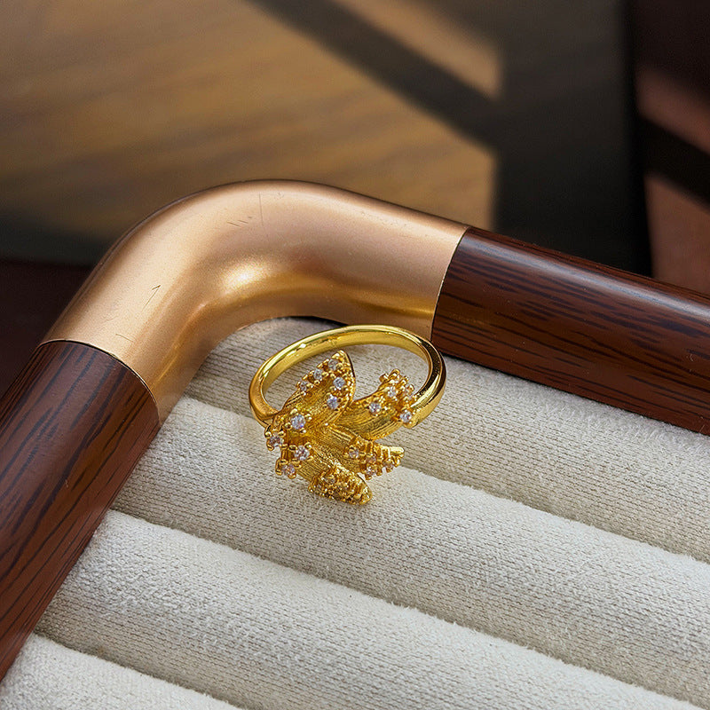 Retro Brushed Copper Open Rings For Women With Zircon Inlay Featuring Floral Pattern