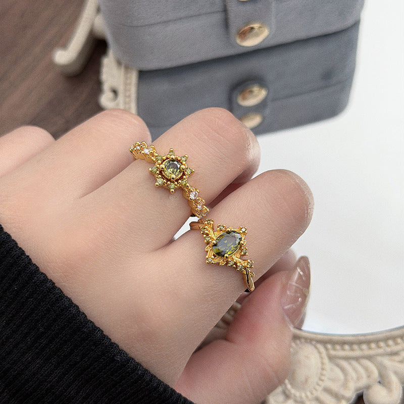 Retro Copper Open Rings For Women With Zircon Inlay Featuring Elegant Line Patterns