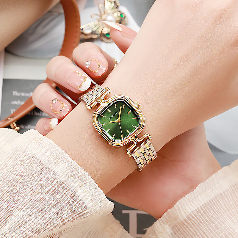 Women's Square Dial Quartz Watch With Stainless Steel Strap, Single Folding Buckle, Ordinary Glass, Pointer And Number Display