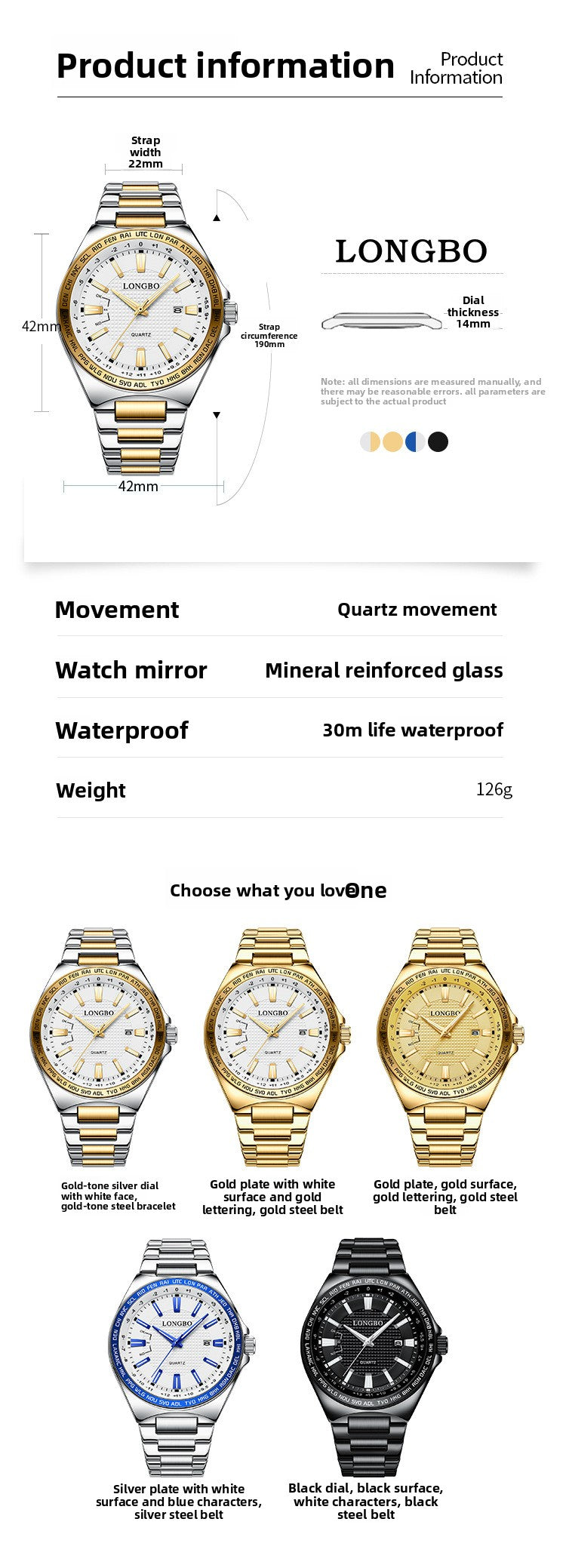 Men's Quartz Watch With Stainless Steel Strap And Double Side Snap Buckle Featuring Tempered Glass Mirror And Pointer Display