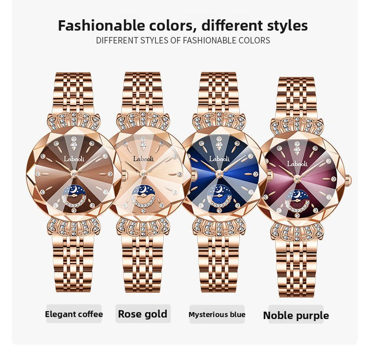 Women's Quartz Watch With Stainless Steel Strap And Butterfly Double Snap Buckle, Featuring Tempered Glass Mirror And Pointer Display