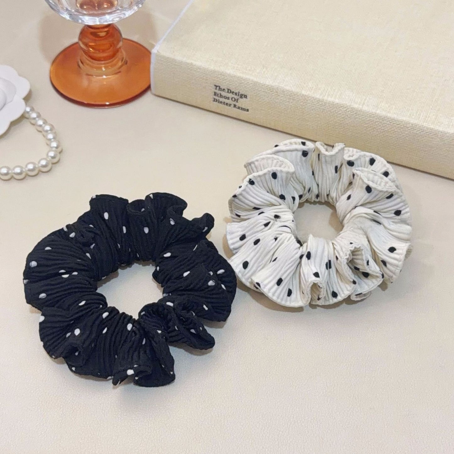 Polka Dots Chiffon Hair Scrunchie In White, Soft And Lightweight Accessory For Everyday Wear