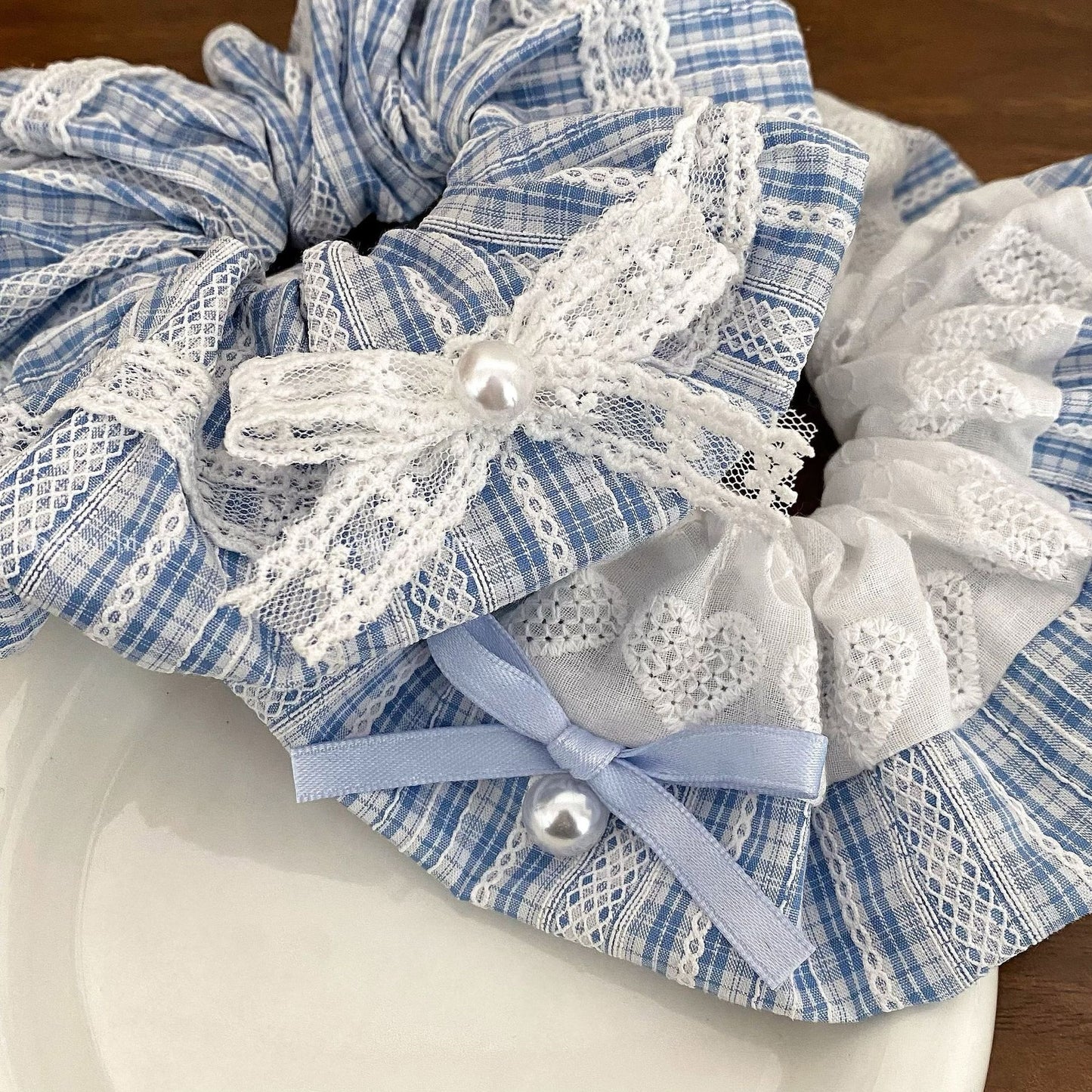 New Style Bow Tie Cloth Hair Scrunchie In Blue Featuring Checkered Pattern