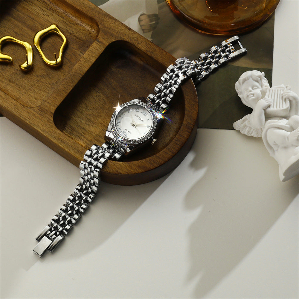 Women's Quartz Watch With Stainless Steel Strap And Jewelry Buckle, Featuring Ordinary Glass Mirror And Pointer Display