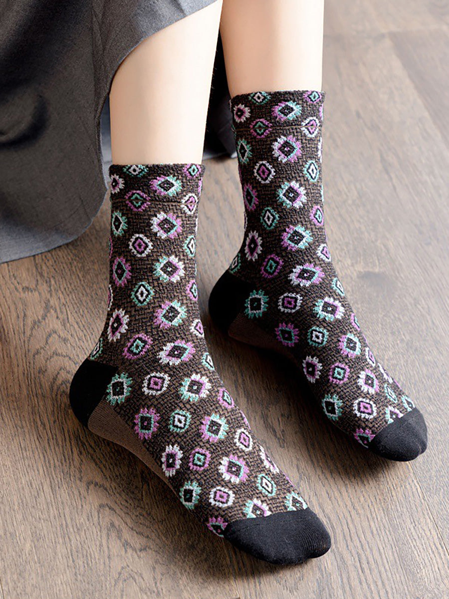 Women Floral Vintage Casual Autumn Winter Socks 5 Pairs