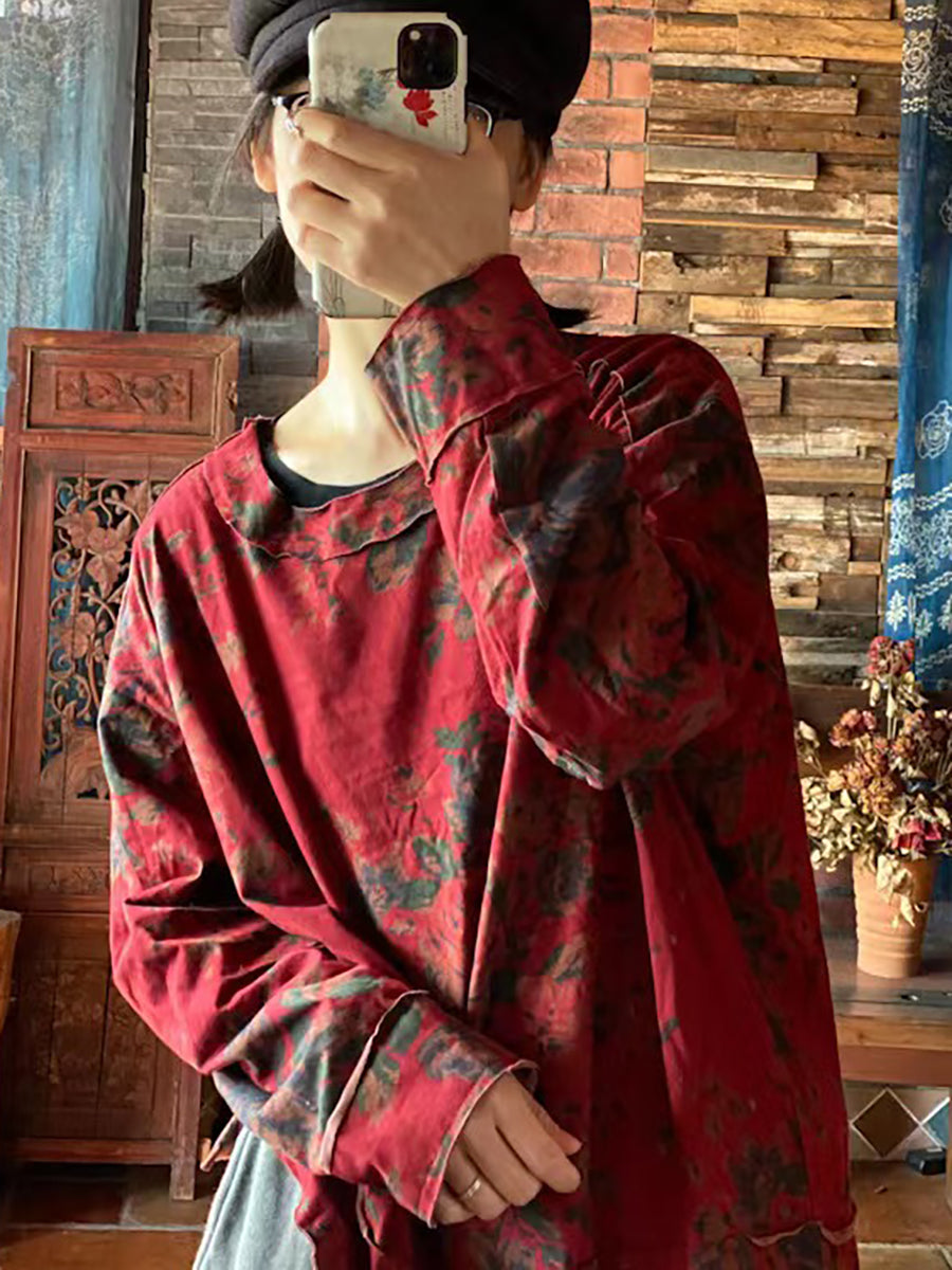 Plus Size Women Cotton Floral Vintage Long Sleeve Loose T Shirt