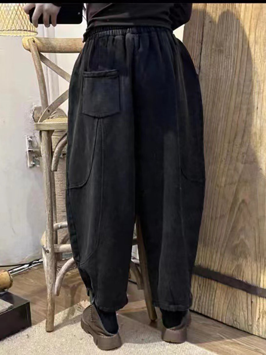 Women Vintage Worn Solid Spliced Loose Harem Pants