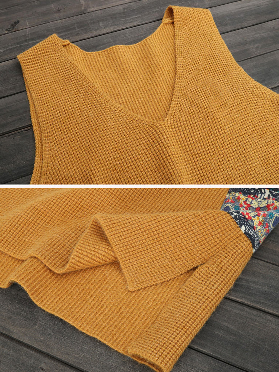 Plus Size Women Ethnic V-Neck Loose Knitted Vest