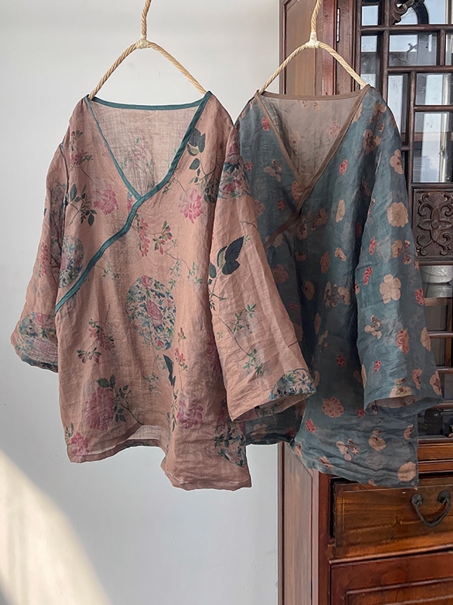 Women Summer Vintage Floral V-Neck Ramie Shirt