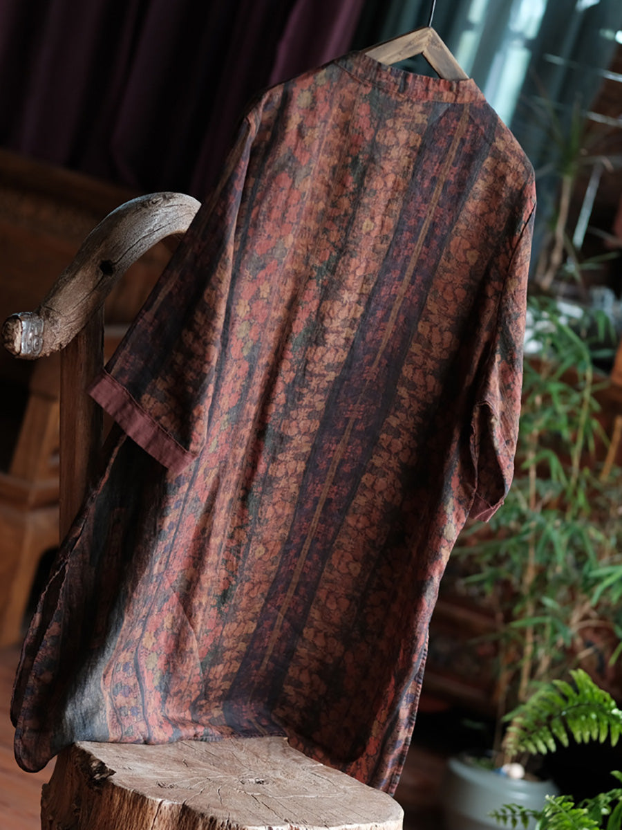 Women Ethnic Summer Flower Button-up Ramie Shirt