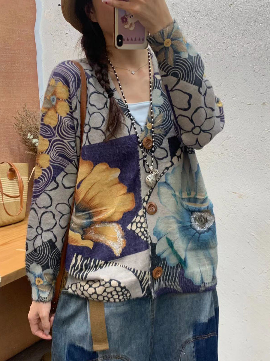Women Autumn Flower Spliced V-Neck Knit Cardigan Sweater