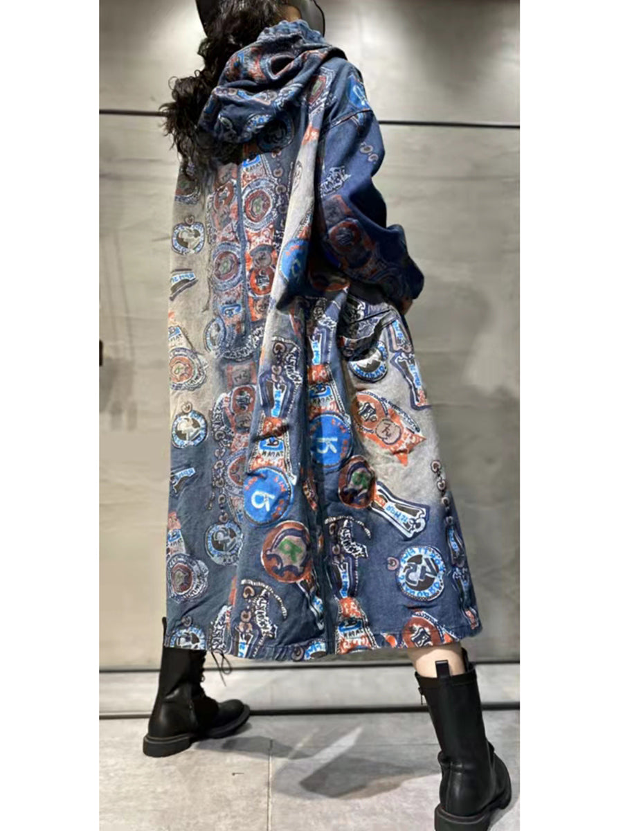 Women Autumn Vintage Flower Hooded Denim Long Coat