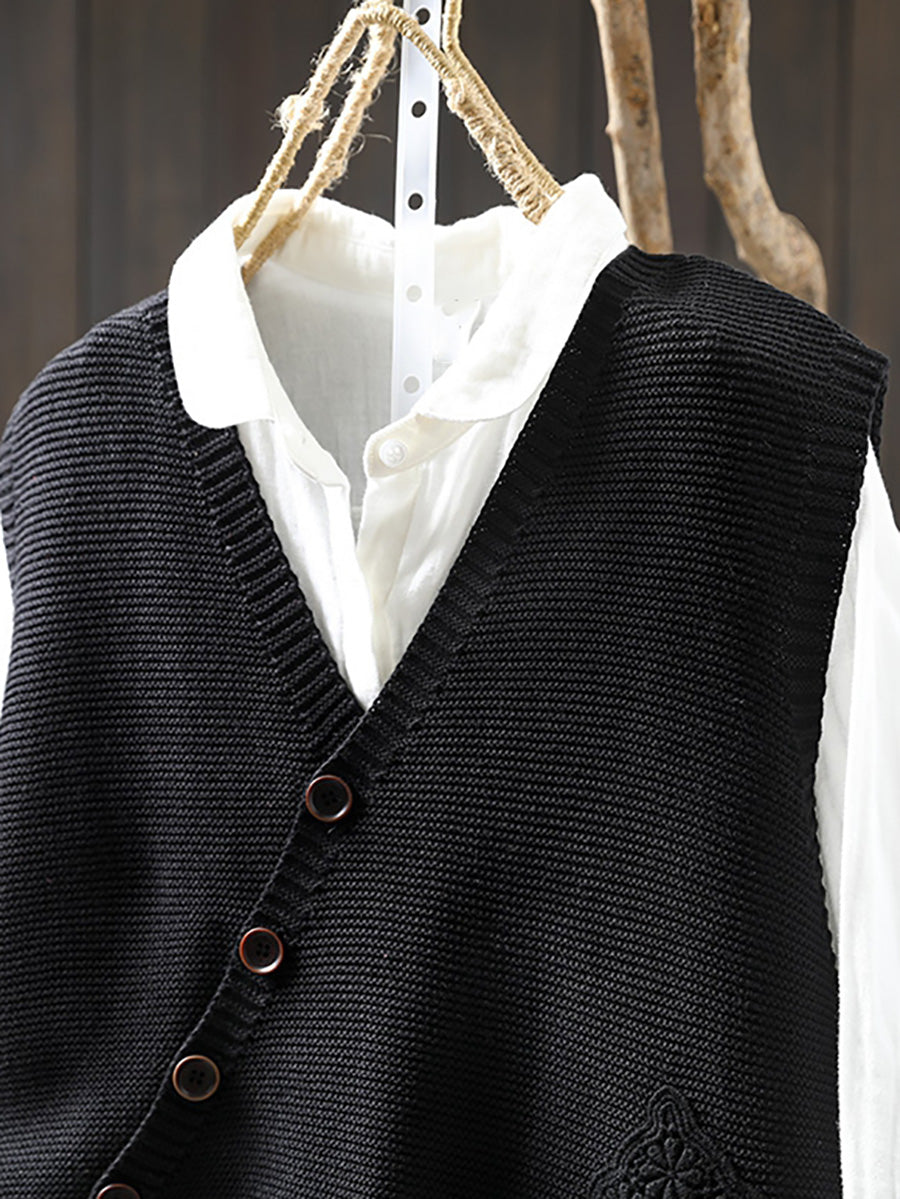 Women Casual Autumn Embroidery V-Neck Knit Vest