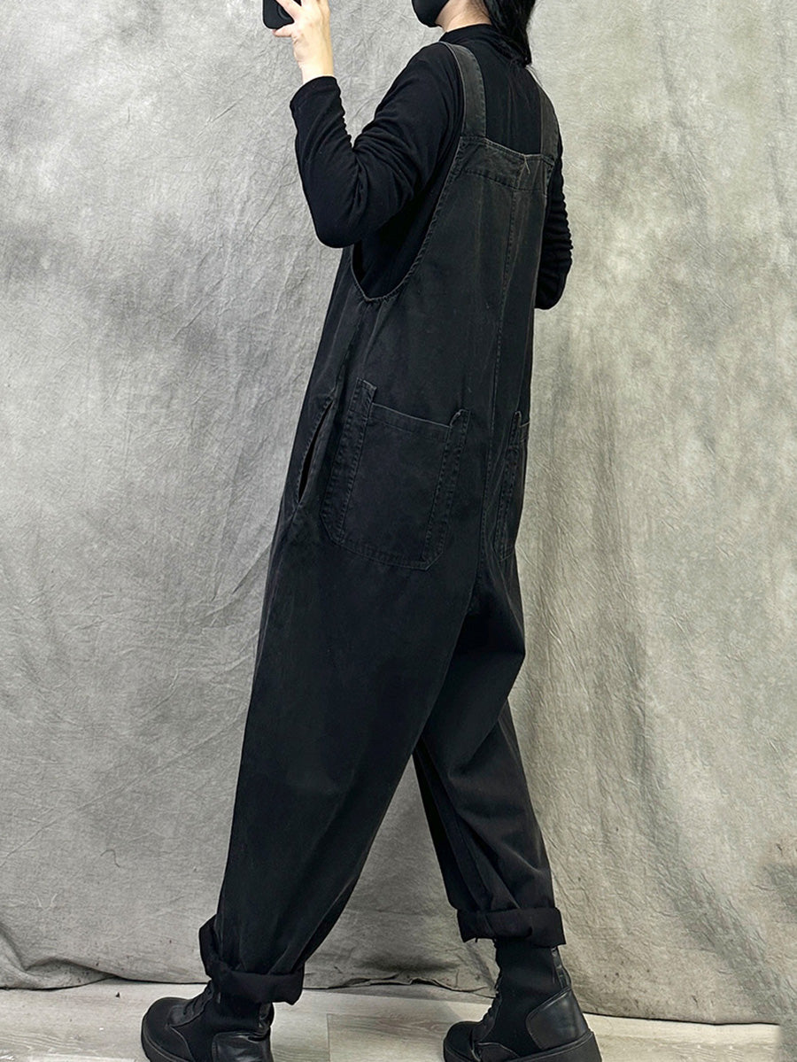 Plus Size Women Spring Casual Pure Color Loose Jumpsuits