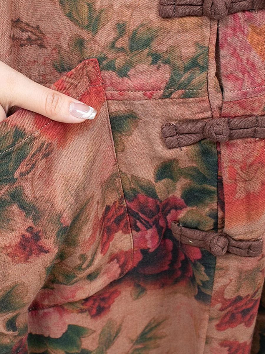 Plus Size Women Spring Vintage Flower Loose Jumpsuits