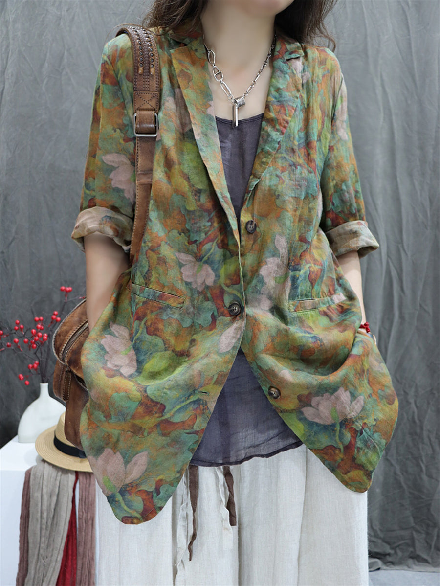 Plus Size Women Summer Vintage Flower Lapel 100%Ramie Shirt