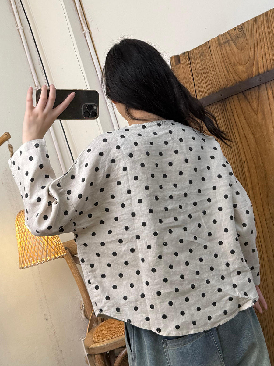 Plus Size Women Spring Vintage Dot O-Neck Linen Shirt