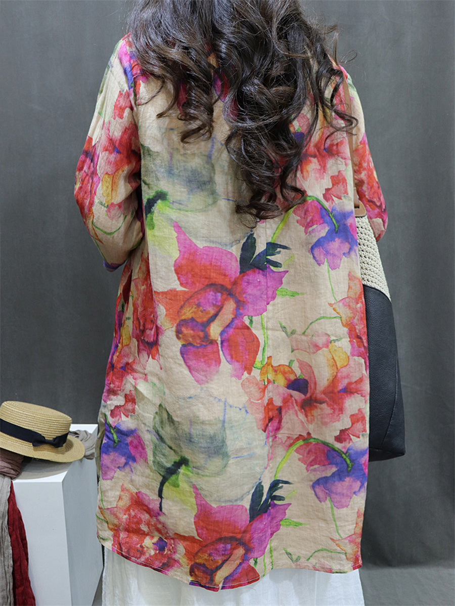 Plus Size Women Spring Vintage Flower V-Neck 100%Ramie Shirt