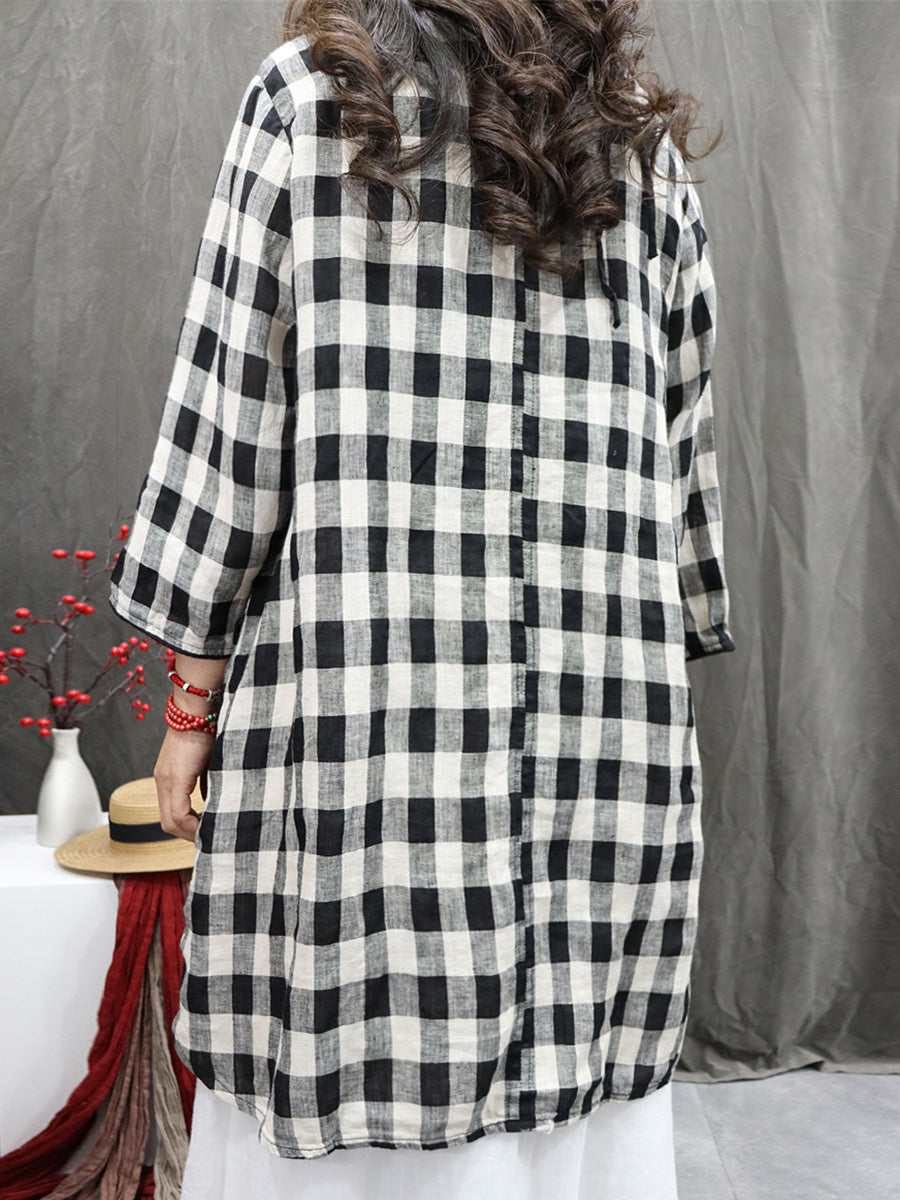 Plus Size Women Vintage Plaid O-Neck 100%Linen Long Shirt