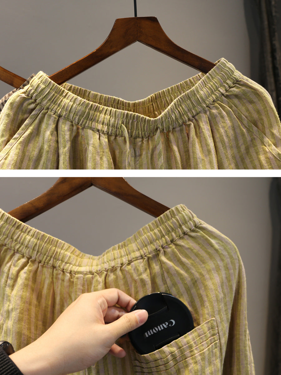 Plus Size Women Summer Stripe Straight 100%Linen Pants