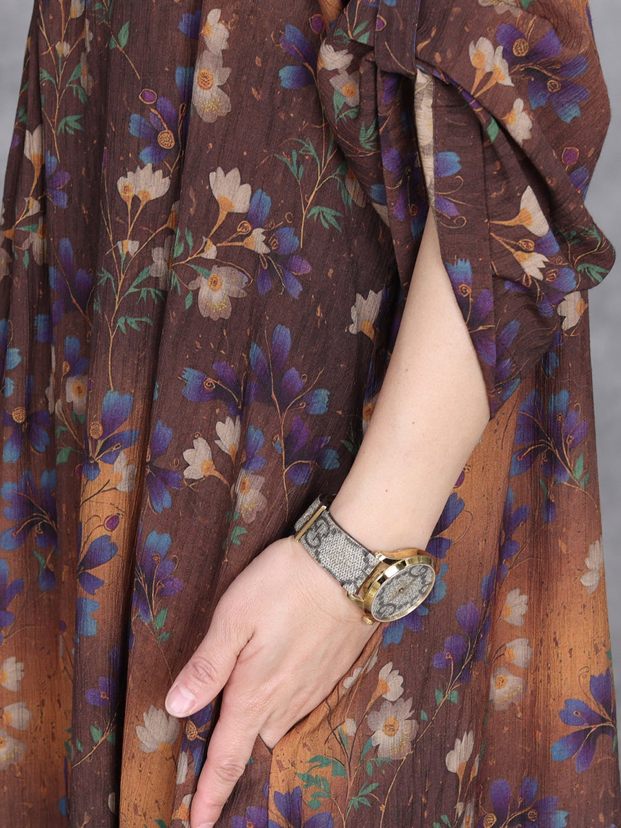 Women Summer Artsy Flower O-Neck Maxi Dress