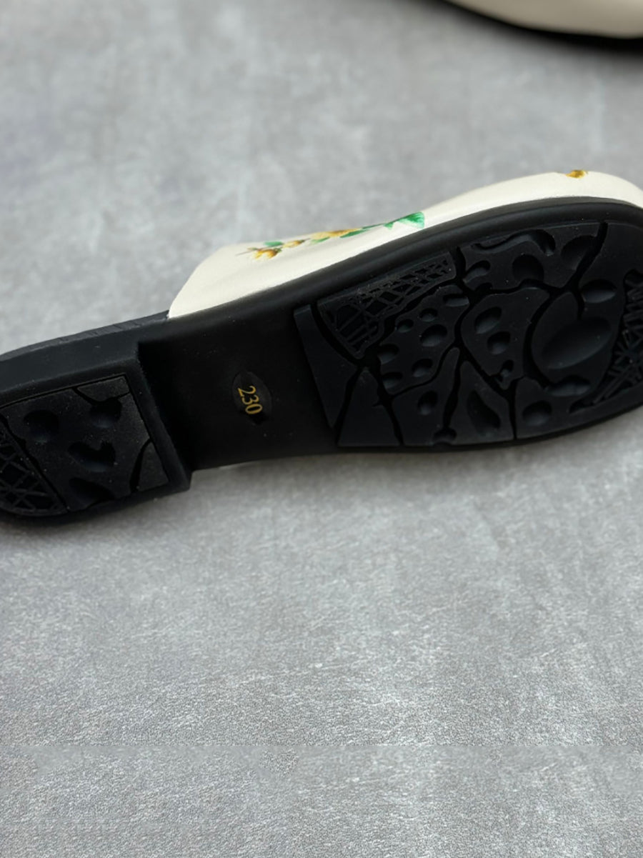 Women Vintage Flower Print Soft Leather Slippers