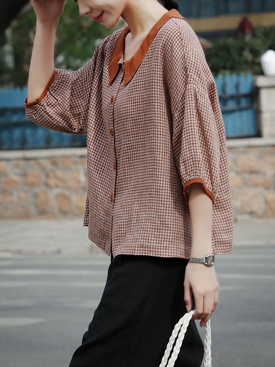 Plus Size Women Spring Turn-down Collar Plaid Linen Shirt